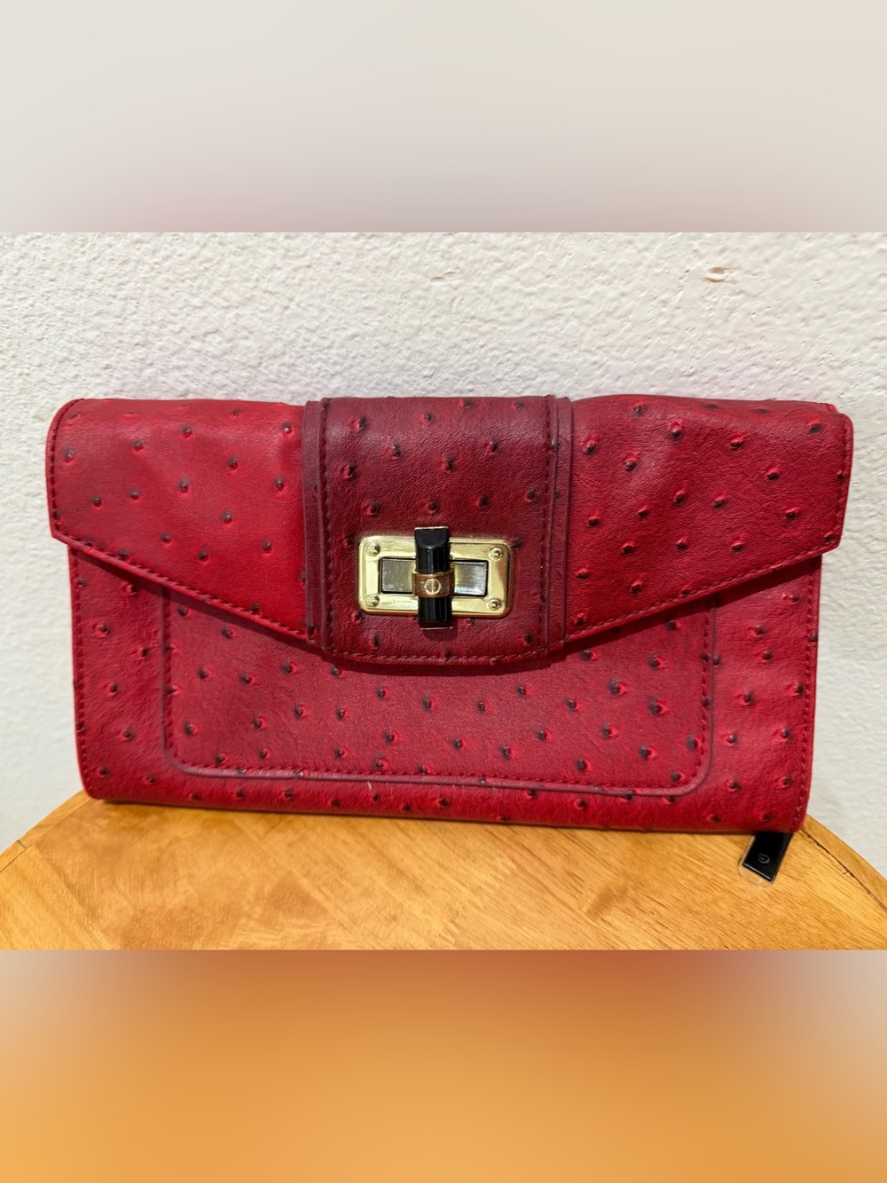 Danielle Nicole New York Red Ostrich-Textured Turn-Lock Clutch Wallet